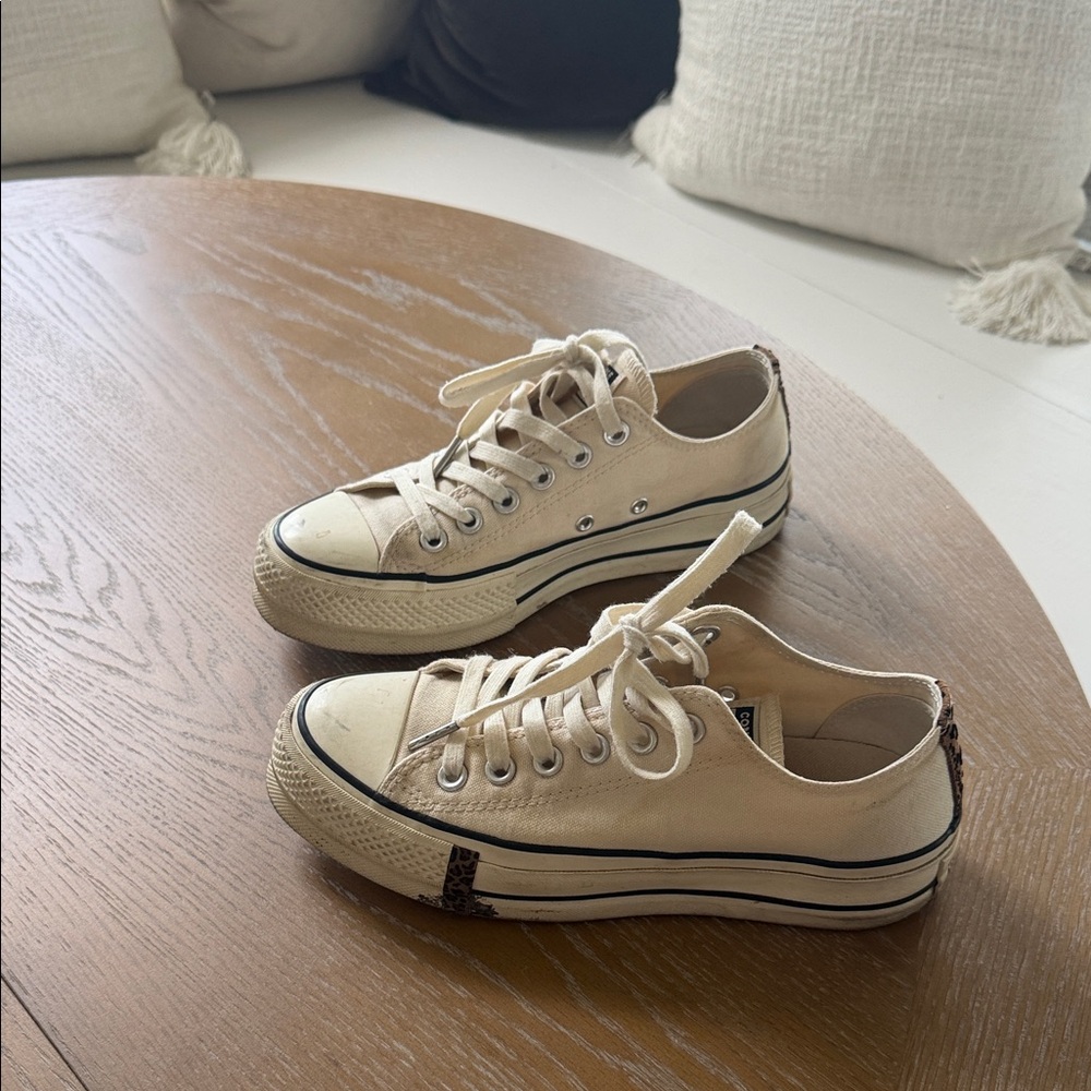 Low Top Canvas Sneakers in Cream & Cheetah